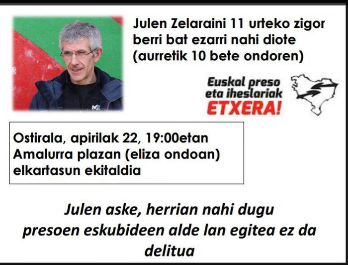 Julen Zelarainekiko elkartasun jaialdia bihar arratsaldean