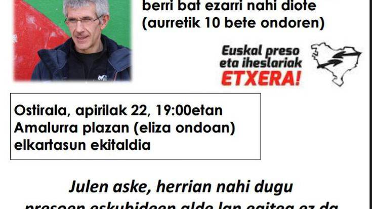 Julen Zelarainekiko elkartasun jaialdia bihar arratsaldean