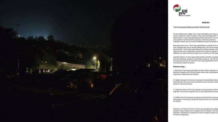 MOZIOA;  Txermingo aparkalekua eraberritzeko lanak eta argi falta