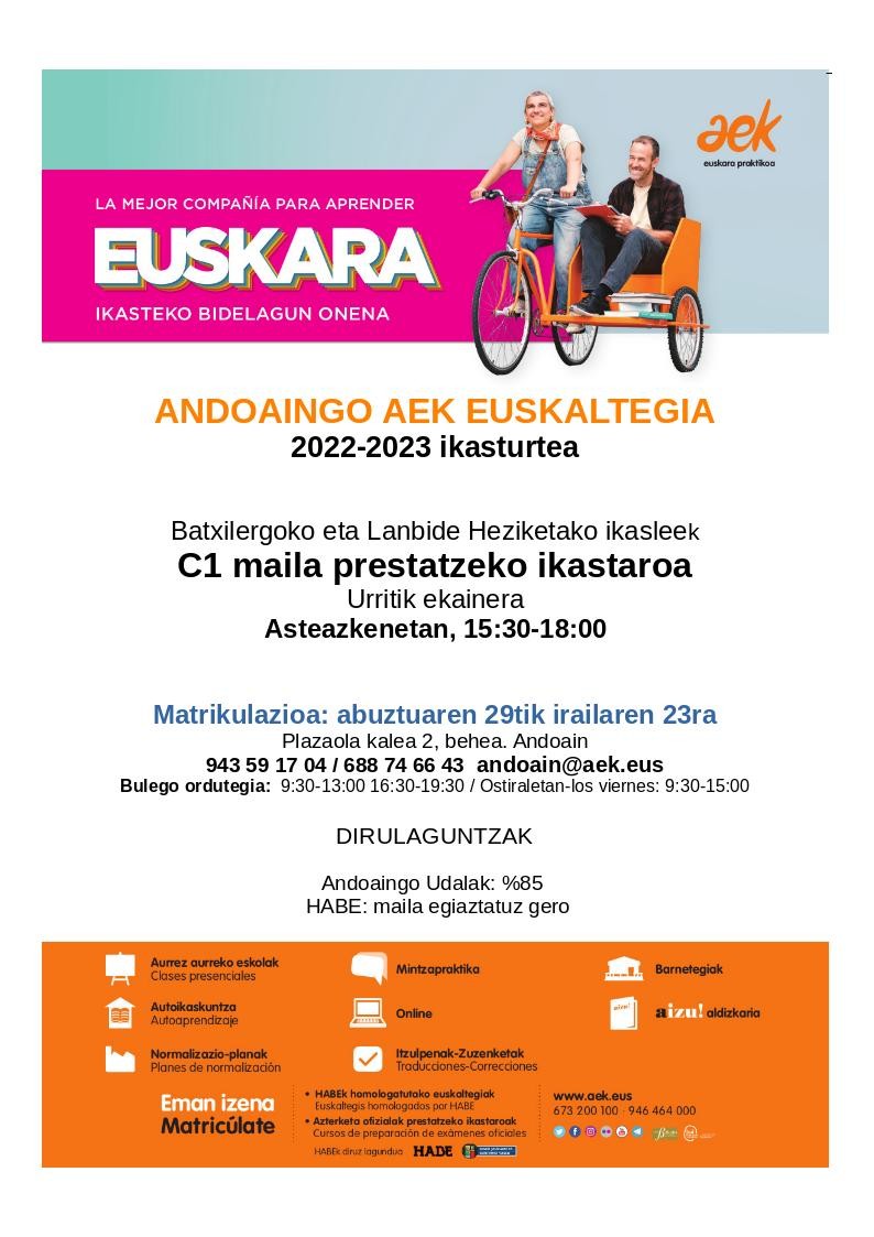 Batxilergoko eta Lanbide Heziketako Ikasleei begira,  C1 prestatzeko ikastaroa