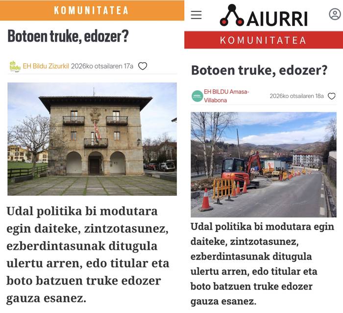 EH Bilduk komunikatu bera kopiatu eta itsatsi du bi udalerritan