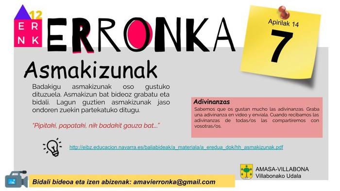 'Amavi Erronka' ekimeneko zazpigarren lana: asmakizunak