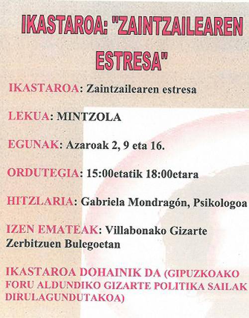 Zaintzailearen estresa ikastaroa, azaroaren 2, 9 eta 16an