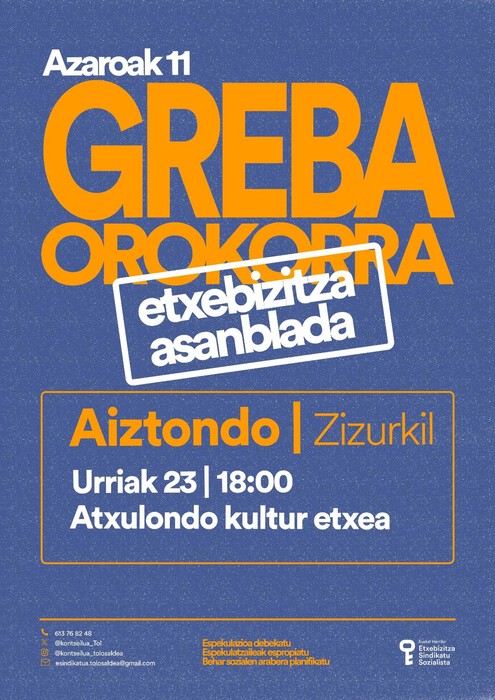 Etxebizitza asanblada azaroaren 11ko greba antolatzeko Zizurkilen