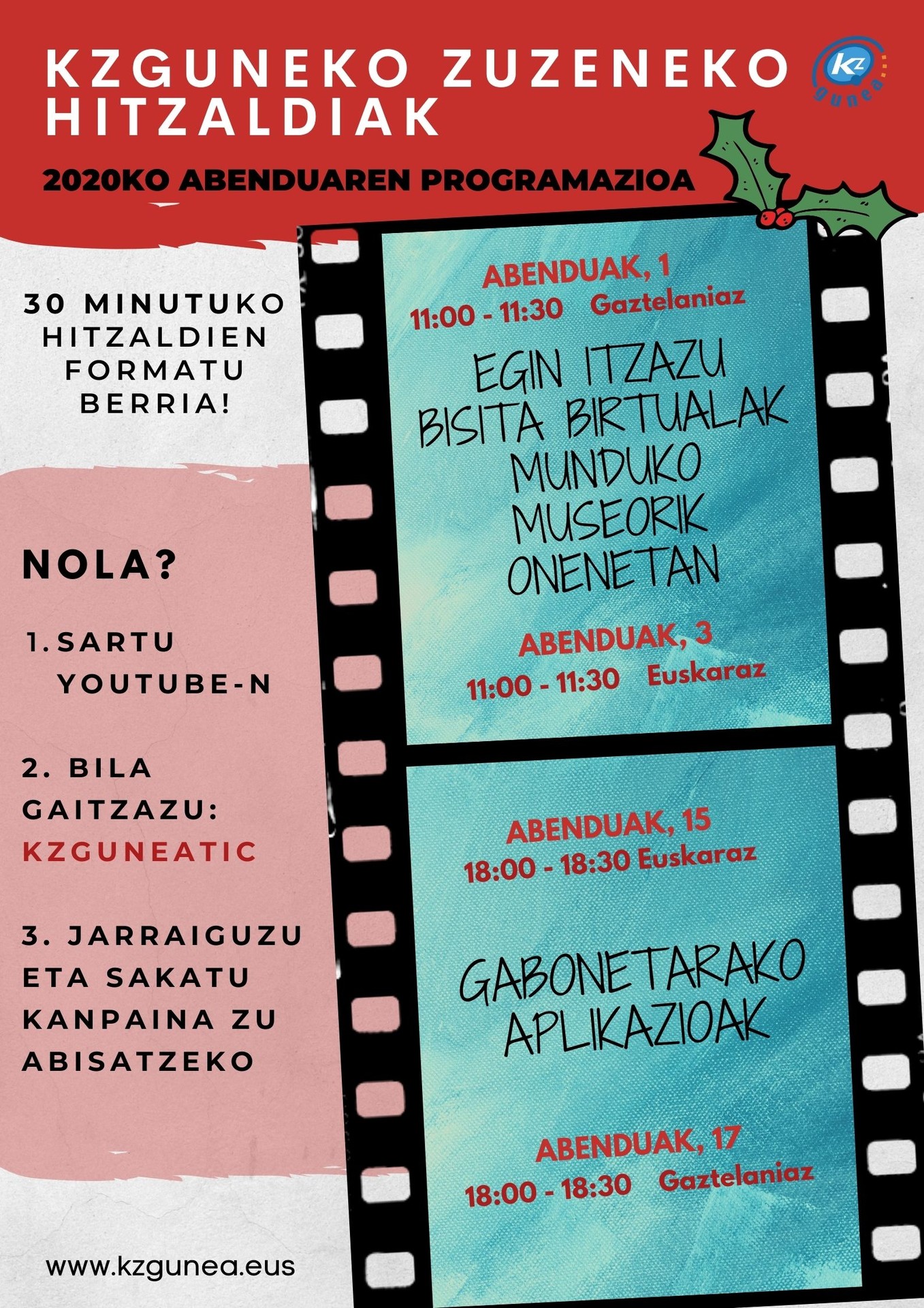 Abenduan zuzeneko hitzaldiak eskainiko dira KZgunean