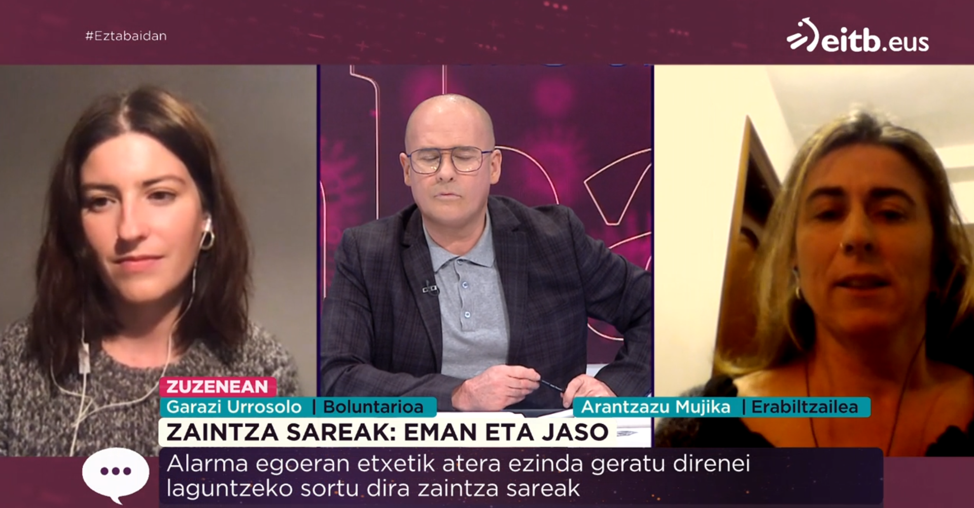 Arantzazu Mujikak Eitb 1eko "Eztabaidan" programan Andoaingo bolondresengandik jasotako laguntzaz jardun du