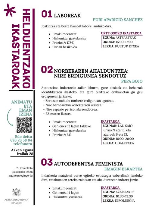 Asteasuko Udalak antolatutako helduentzako ikastaroak