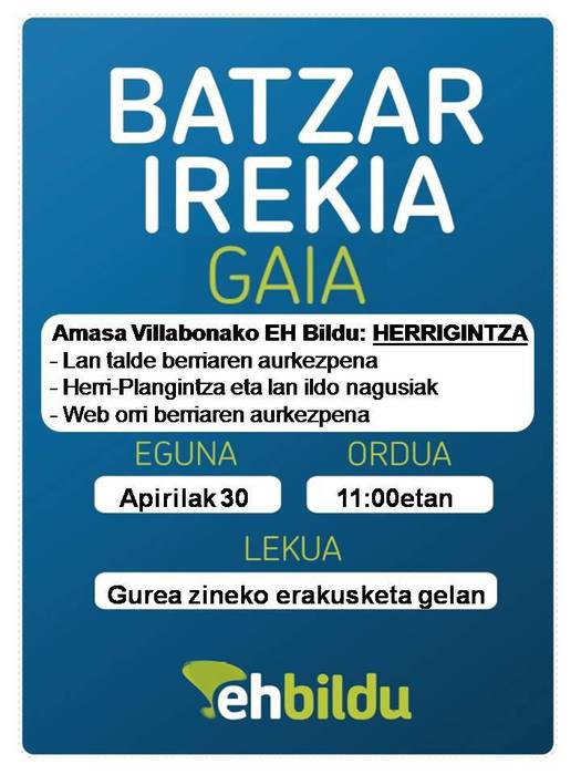 Batzar irekia egingo du EH Bilduk larunbatean Villabonan