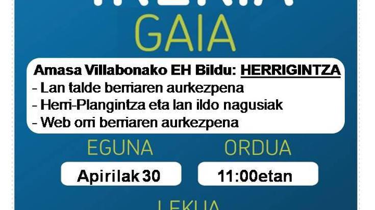 Batzar irekia egingo du EH Bilduk larunbatean Villabonan